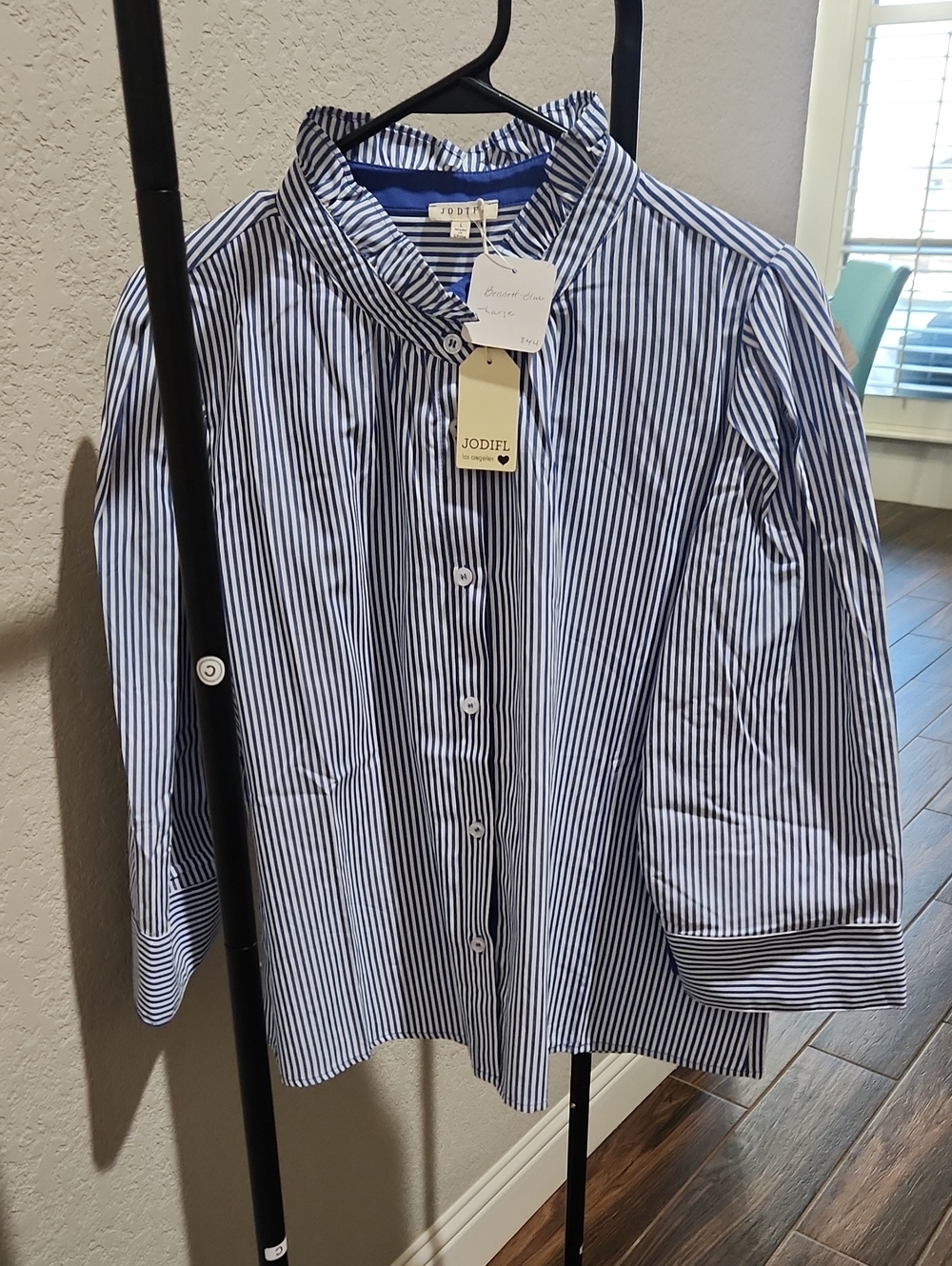 Women's Jodifl Puff Shoullder Blue Striped Blouse With Ruffle Collar